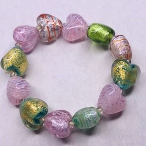 Glass Heart Bracelet Beaded Puffy Fat Beads Foil Pin Green Stretch
